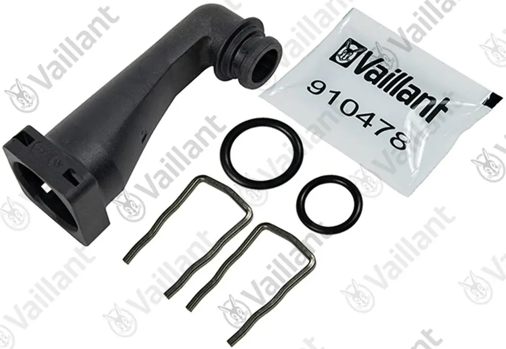 Vaillant Anschlussstück aus schwarzem Kunststoff mit zwei Dichtungsringen und zwei Halteklammern in Verpackung.